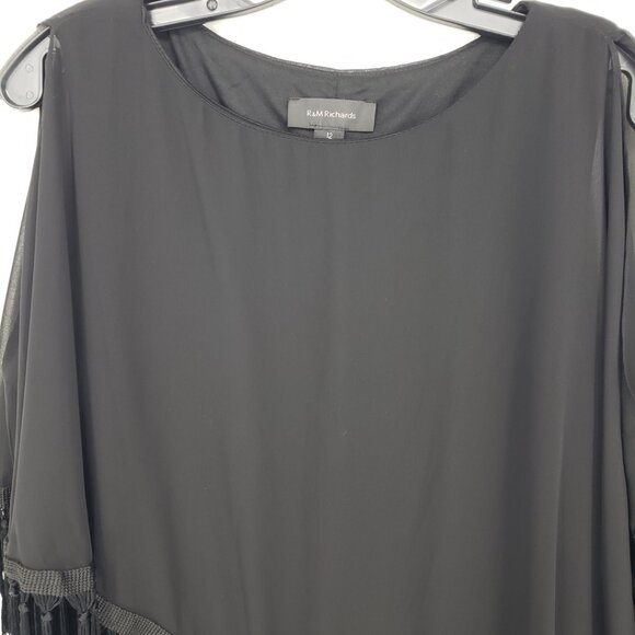 R&M Richards Cold Shoulder Cocktail Dress 12 Fringe Tassels Sheer Cape Black - Picture 7 of 11